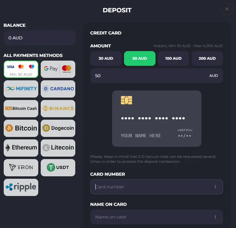 Screenshot of Spin Ago deposit and withdrawal payment methods page.