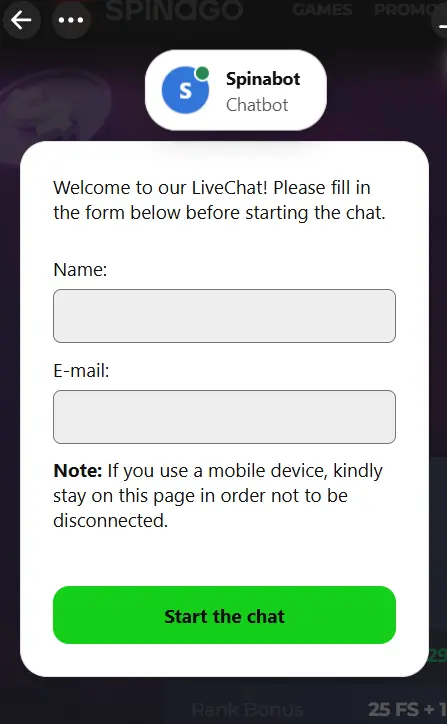 Spinago Casino Online customer support options, including live chat and email.