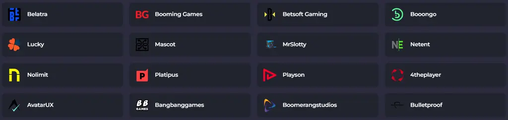 Screenshot of Casino Spinago software providers and casino game library.