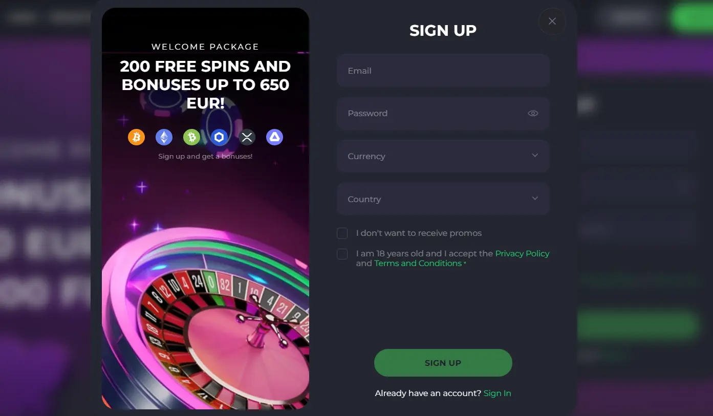 Screenshot of the Spinago registration page for new player sign-up.